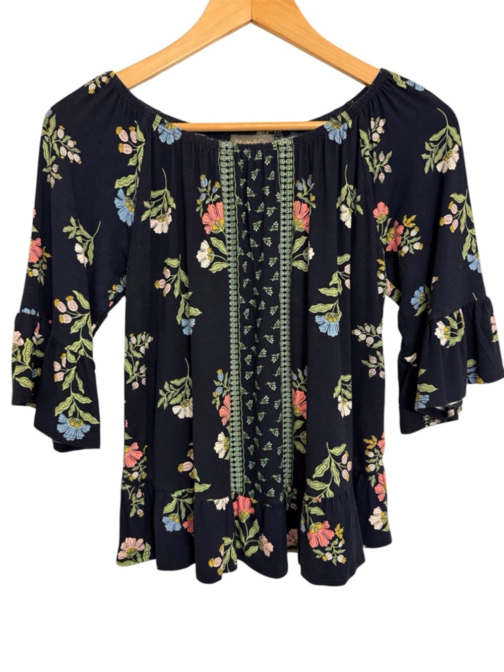 Style & Co Navy and Green Floral Peasant Blouse